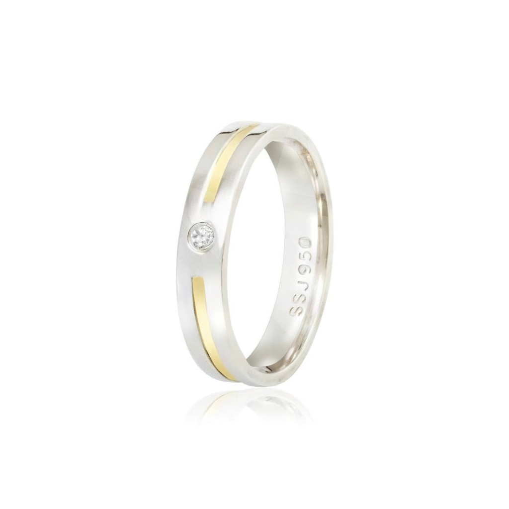 Aliança Anatomica Reta Prata 950 4mm Ouro 18k Central Reta Pedra Zirconia Unissex