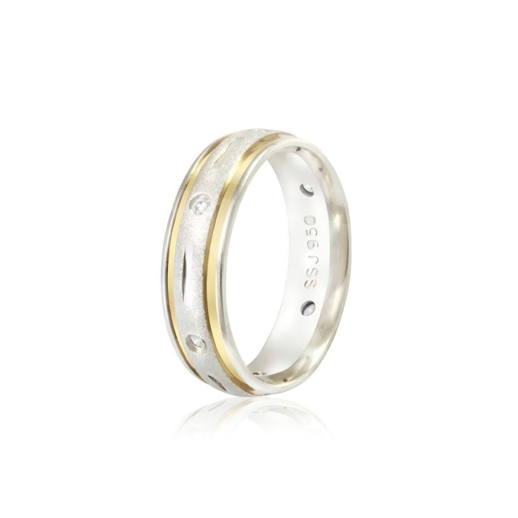 Aliança Anatomica Prata 950 6mm Fios Ouro 18K Frisos Pedra Zircônia Unissex