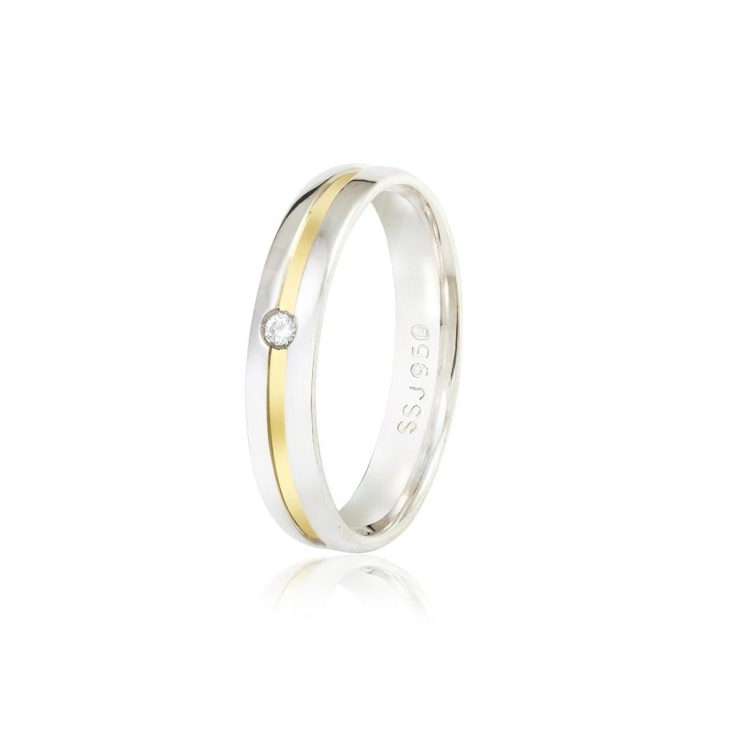 Aliança Anatomica Reta Prata 950 4mm Ouro 18k Central Fina