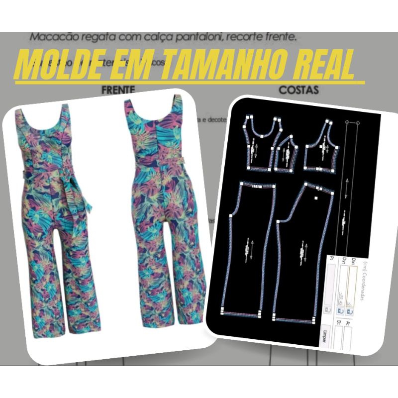 MOLDE MACACÃO PANTALONA CALÇA COMPRIDA, SEM MANGA/, IMPRESSO EM TAMANHO REAL EM PAPEL 75G, P,M,G,GG