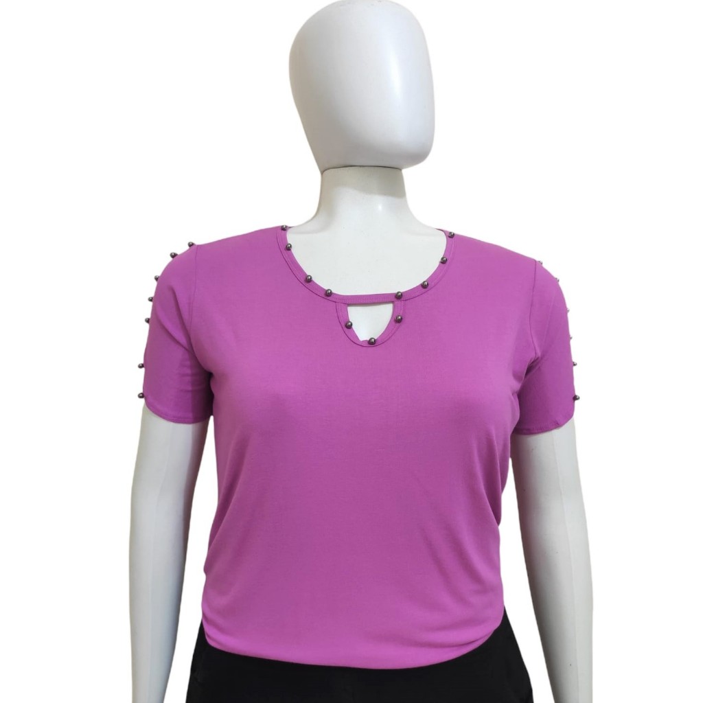 Blusa Feminina Plus Size Manga Curta Viscolycra Detalhe em Perolas Tam. GG Mod 008