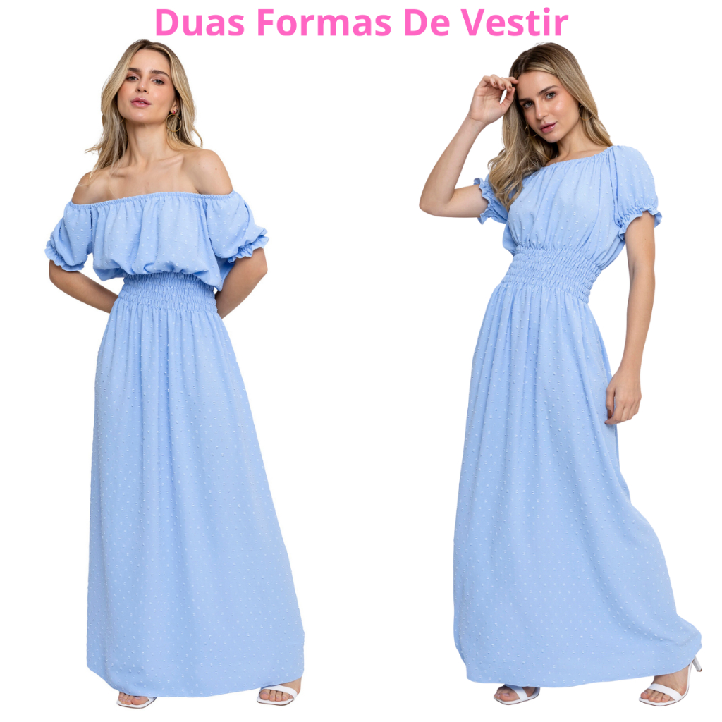 Vestido Longo Feminino Duna Pipoca Manga Curta Babado Vestidos Longos Festa Pipoquinha Ombro a Ombro Moda Evangélica Ciganinha Elástico Na Cintura