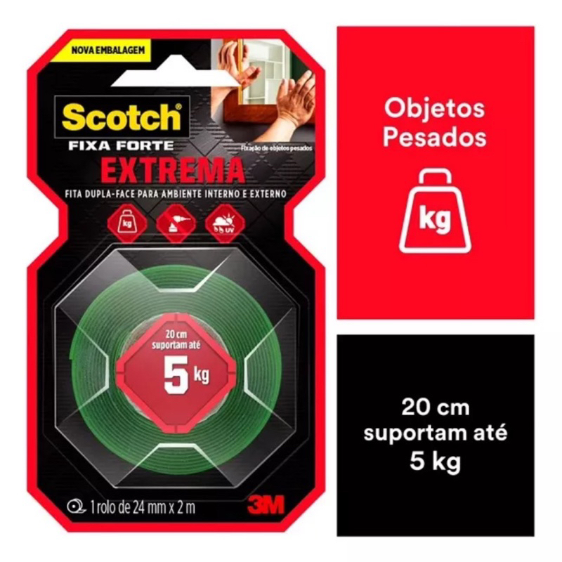 Fita Dupla Face 3M Scotch Fixa Forte Fixação Extrema - 24 mm x 2 m - BT 1 UN