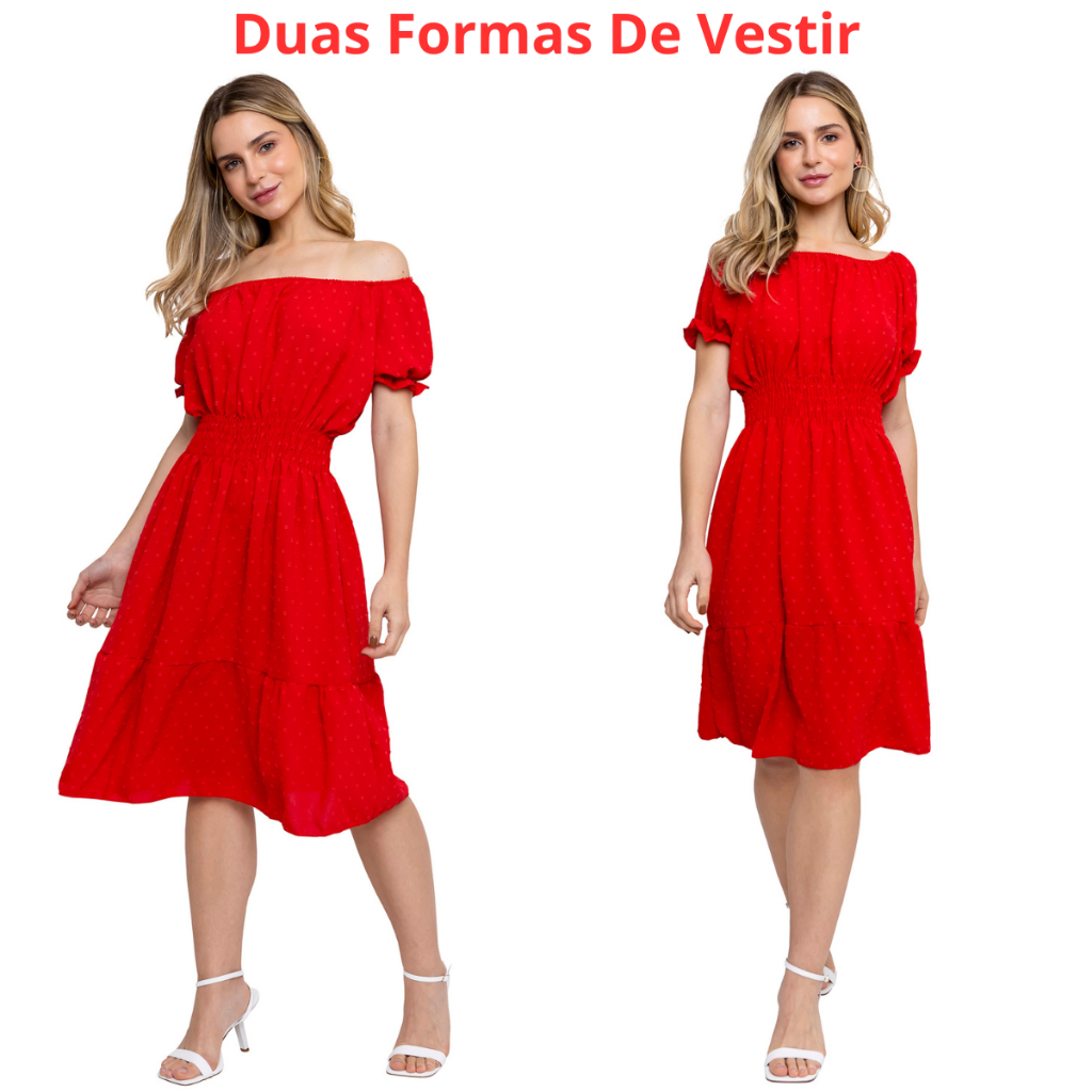 Vestido Curto Feminino Duna Pipoca Vestidos Midi Festa Pipoquinha Ombro a Ombro Elástico Moda Evangélica Ciganinha Elástico Na Cintura