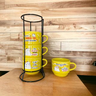 Jogo De Xícaras Café Chá Amarela Com Suporte Canecas Flork Divertida