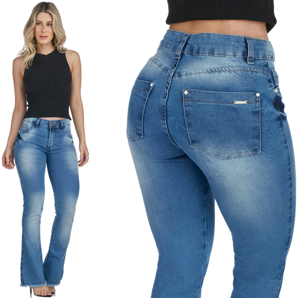 Calça Flare HNO Jeans Petit Barra Desfiada Azul em Oferta na Shopee