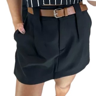 Short Saia Feminino Social Alfaiataria Cintura Alta Com Cinto Couro Feminina Saia Short Com Prega Cos Alto Moda Verão Bolso Soltinho 96% Poliéster Preto Caramelo Fucsia Branco Pink Moda Blogueira