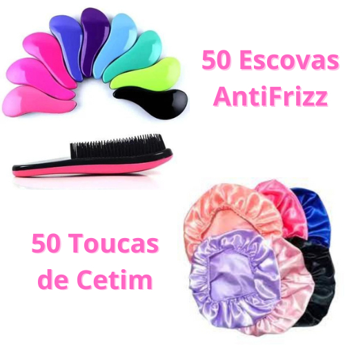 Kit Revenda 100 Peças para Cabelo - 50 Toucas de Cetim + 50 Escovas de Cabelo mágica desembaraça