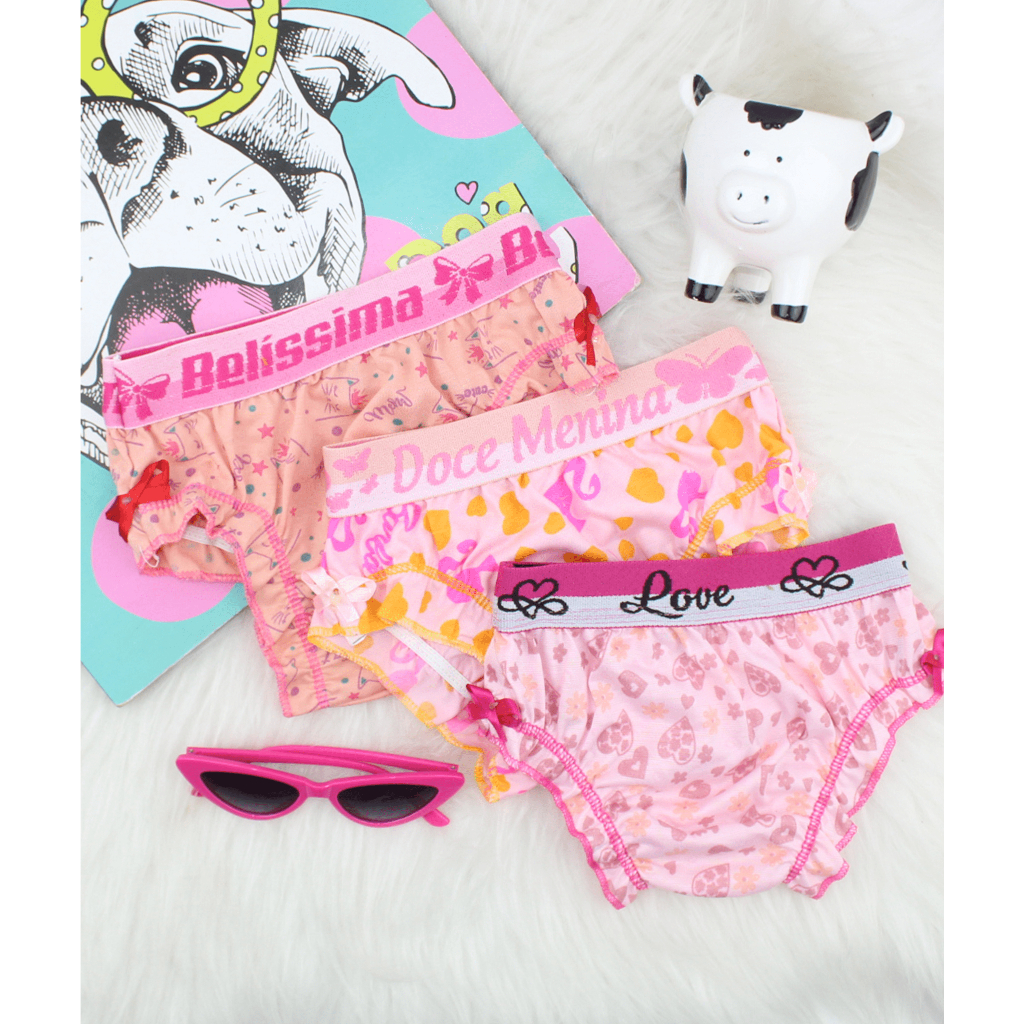 KIT 5 Calcinha infantil menina estampada cós elástico com lacinho na calcinhas larguinha calçolinha