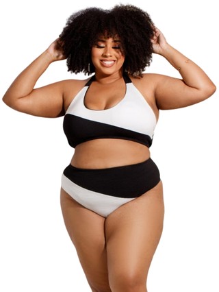 Biquini Plus Size Cintura Alta Anarruga Hot Pants Biquíni Feminino Listrado Básico Top Forrado Bojo