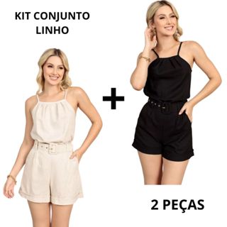 Kit 02 Conjunto Conjuntinho Linho Shorts Regata Verão Moda Feminina Barra Italiana Elegante Básico em Oferta na Shopee