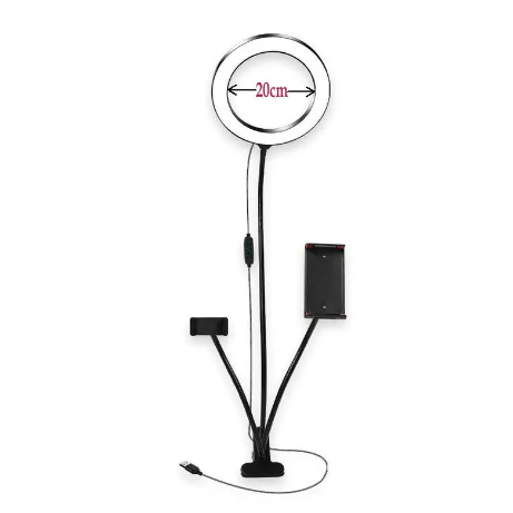 Luminária Ring Light Com Suporte Garra Para 2 Celulares De Mesa 3 em 1