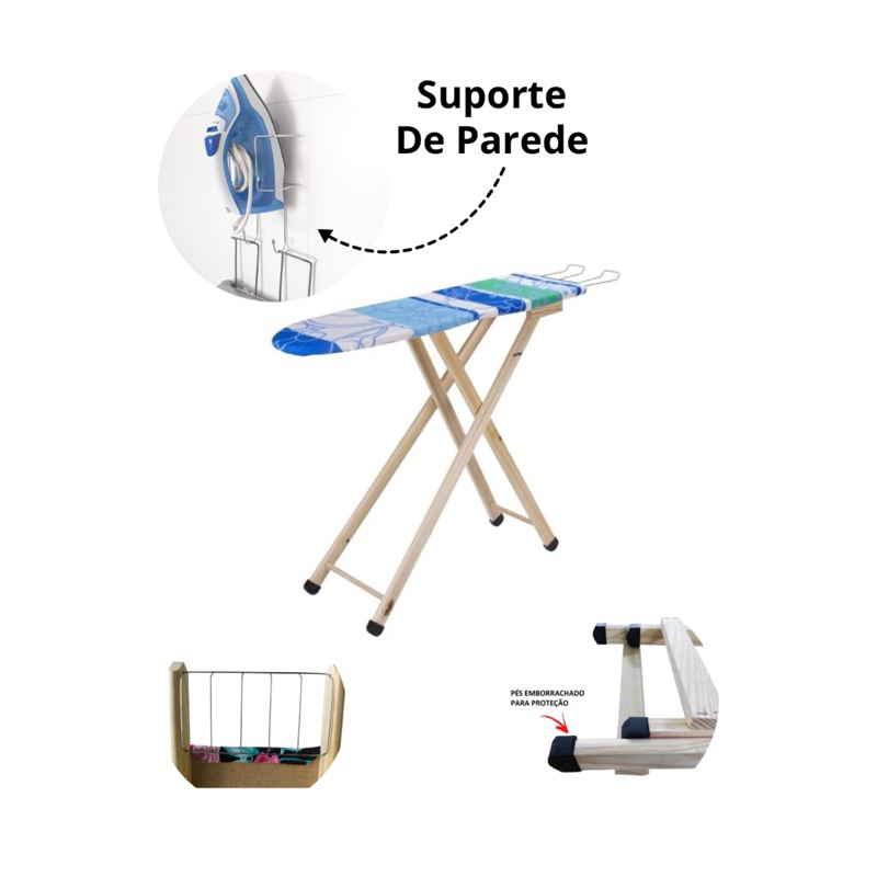 Tábua De Passar Roupa Reforçada + Suporte Para Ferro De Passar Roupas E Tabua Com Organizador De Fio Reforçado