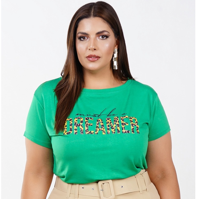 Blusa Plus Size Soltinha Moda Dream Oncinha Verde Estampada GG e G1