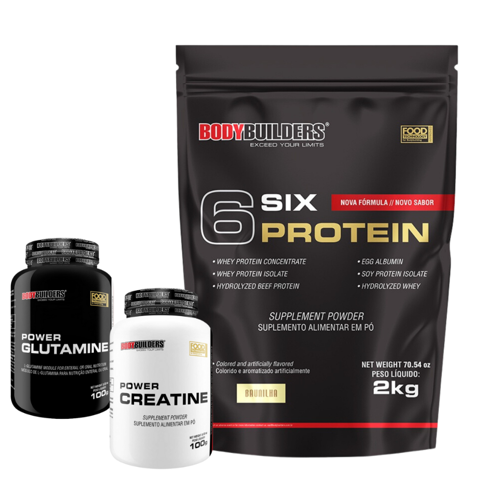 Kit Whey Protein 6 Six Protein 2Kg, Power Creatina 100g, Power Glutamina 100g - Bodybuilders