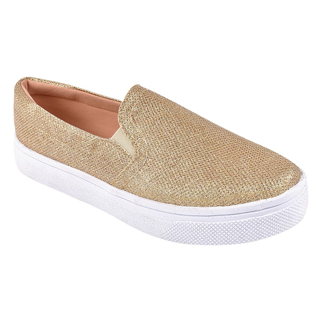 Tênis Feminino Slip on Iate Confortável Dourado Com Glitter Tenis Sem Cadarço Calce Fácil Feminina Casual