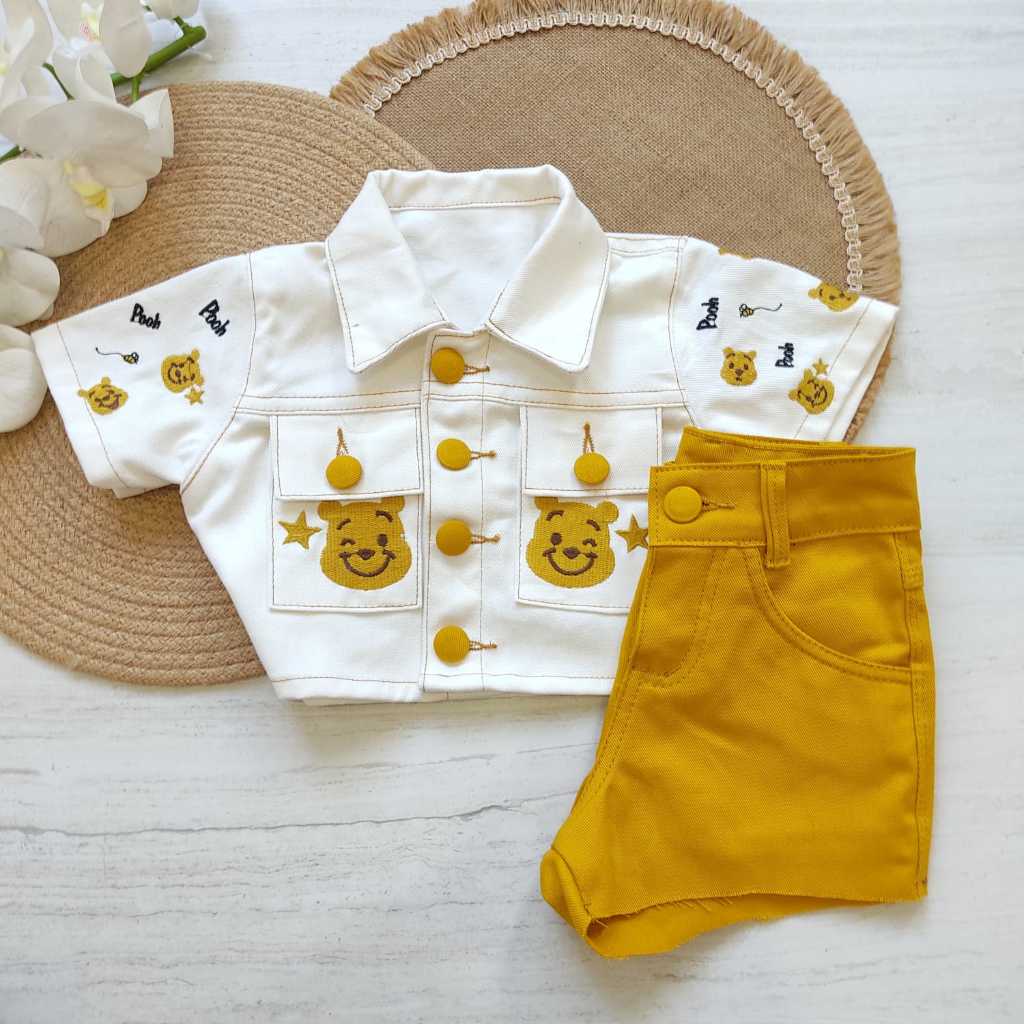 Conjunto Blusa + Short Jeans Menina Blogueirinha Ursinho Pooh Roupa Infantil Mini Diva Presente