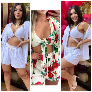 Kimono Short Top com bojo Conjunto Feminino Moda Praia