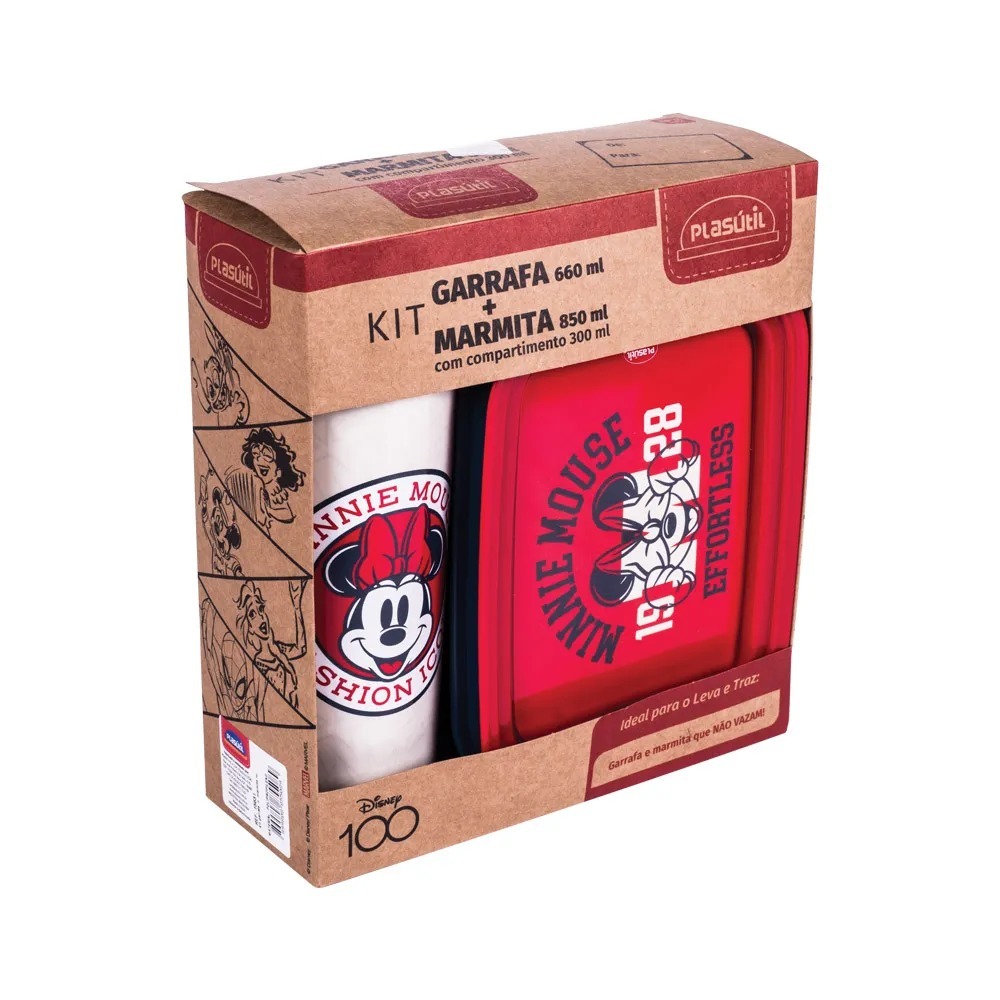 Kit Garrafa 660ml e Marmita 850ml Caixa Presente Lancheira Infantil Escolar Minnie Mouse - Plasútil