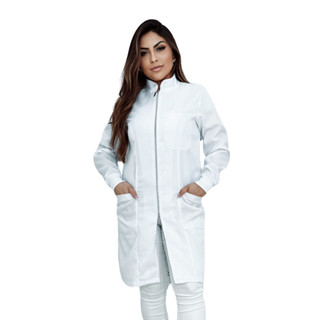 Jaleco Feminino Ziper Prata Branco Manga Longa Com Punho Slim Enfermagem Medicina Acinturado Dentista Academico Estudante Saúde SUS Enfermeira