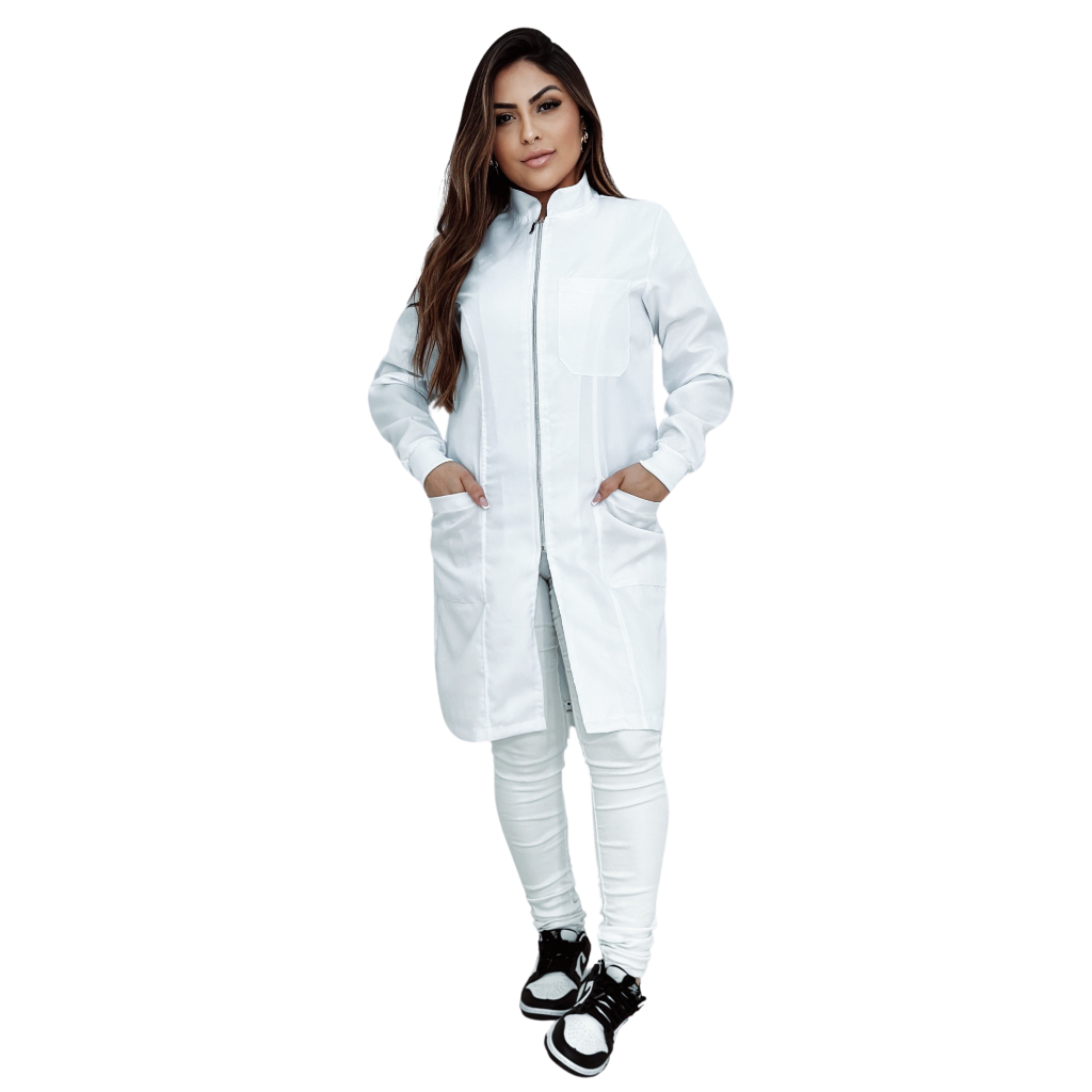 Jaleco Feminino Ziper Prata Branco Manga Longa Com Punho Enfermagem Medicina Acinturado Dentista Academico Estudante Saúde SUS