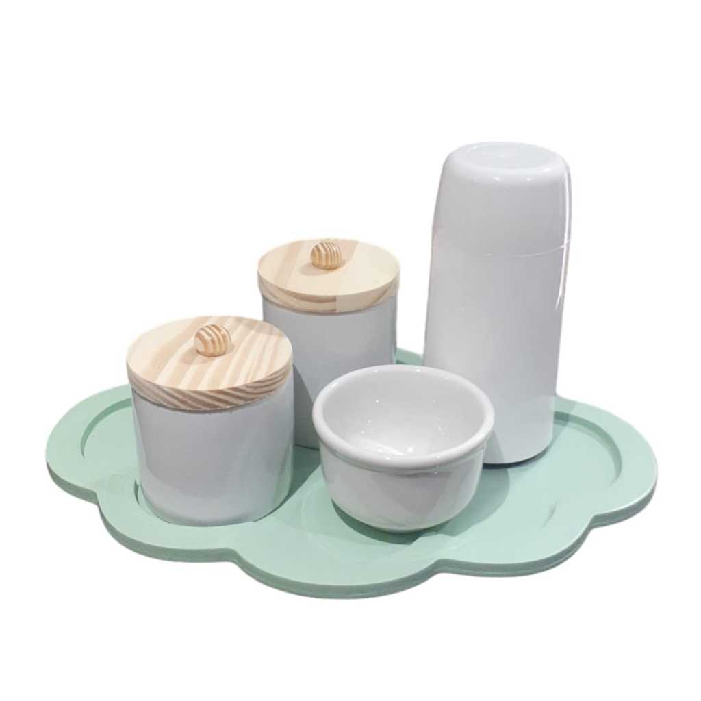 Kit Higiene bebê porcelana potes com tampa garrafa térmica bandeja nuvem verde novo maternidade menino