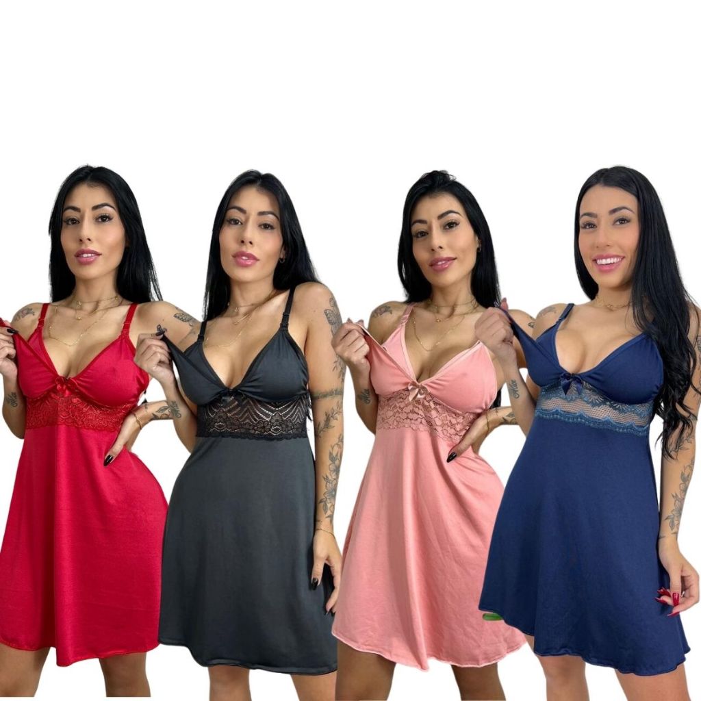 KIT 04 Camisolas Amamentação com Detalhe em Renda Saída Maternidade Grávida Gestante Lactante.