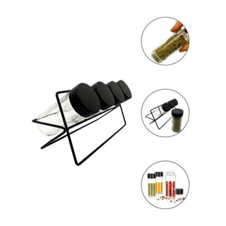 Porta Tempero Condimentos Horizontal 4 Potes de Vidro Com Suporte de Aço Para Cozinha Bares Restaurantes Almoço Gastronomia