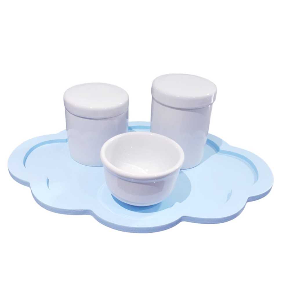 Kit Higiene Bebê porcelana potes com tampa molhadeira bandeja nuvem azul porta algodão cotonete menino maternidade