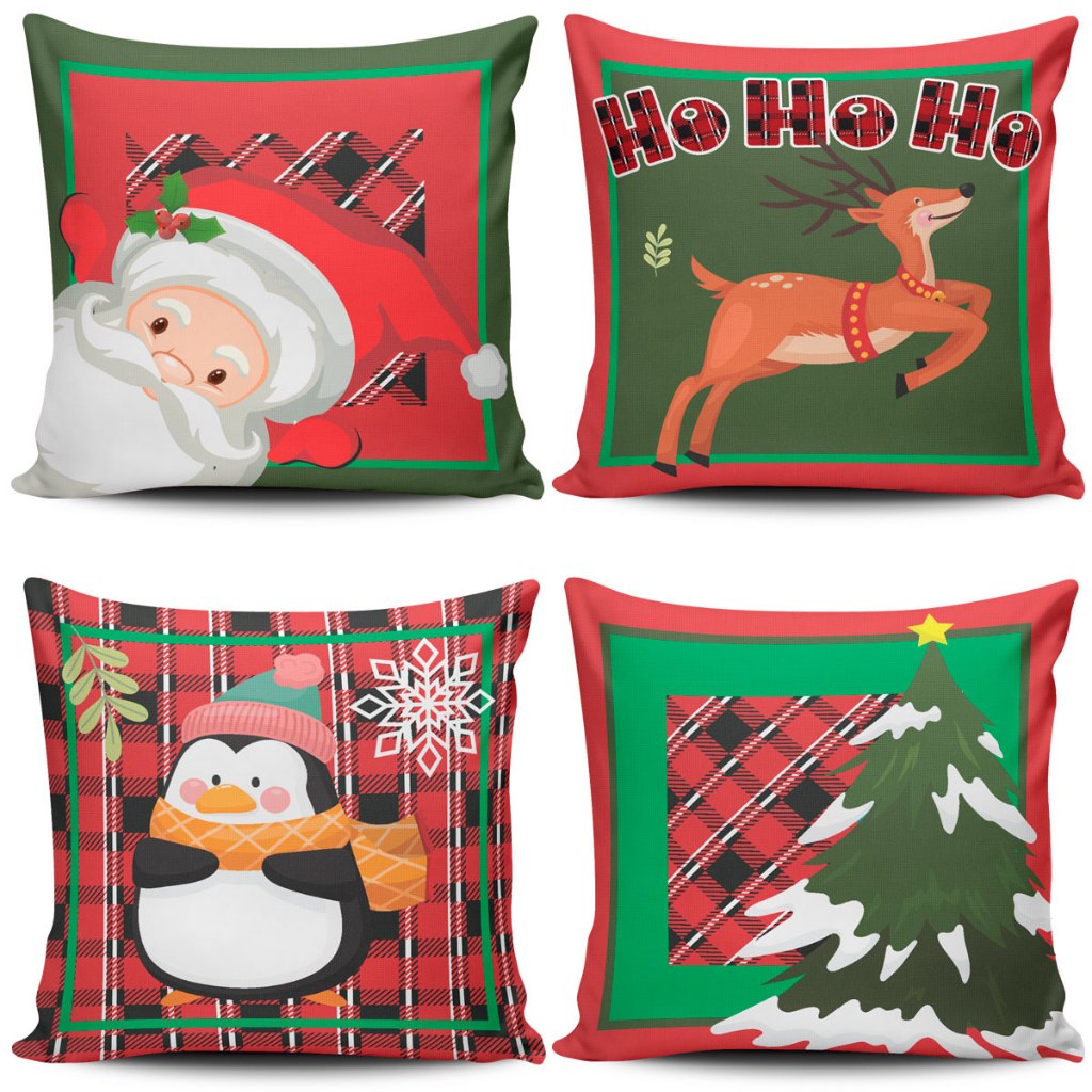 Kit c/ 4 Capas de Almofadas Estampadas Natalinas Papai Noel Natal Fim de Ano 45cm x 45cm