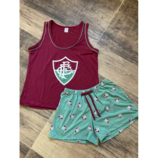 Pijama Baby Doll Short Shortinho Fluminense Verão Regata Feminino Adulto de Malha Algodão Temático Disney Confortável Lingerie Preço de Atacado