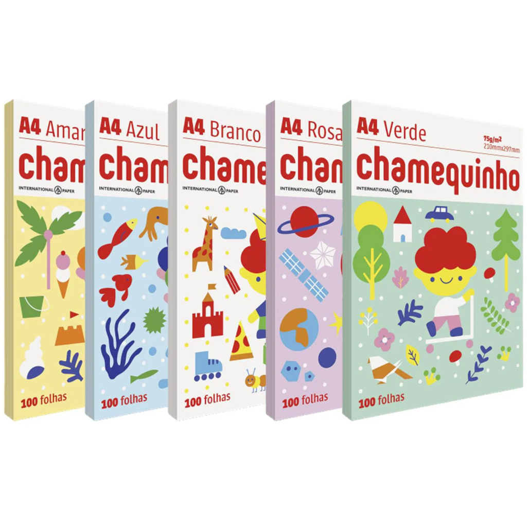 Papel Sulfite A4 100 Folhas  Report Chamex - Chamequinho  | Azul | Amarelo | Verde | Rosa
