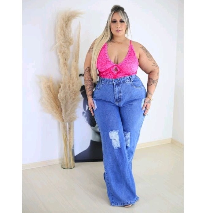 Wide Leg pantalona jeans plus size feminina em Oferta na Shopee