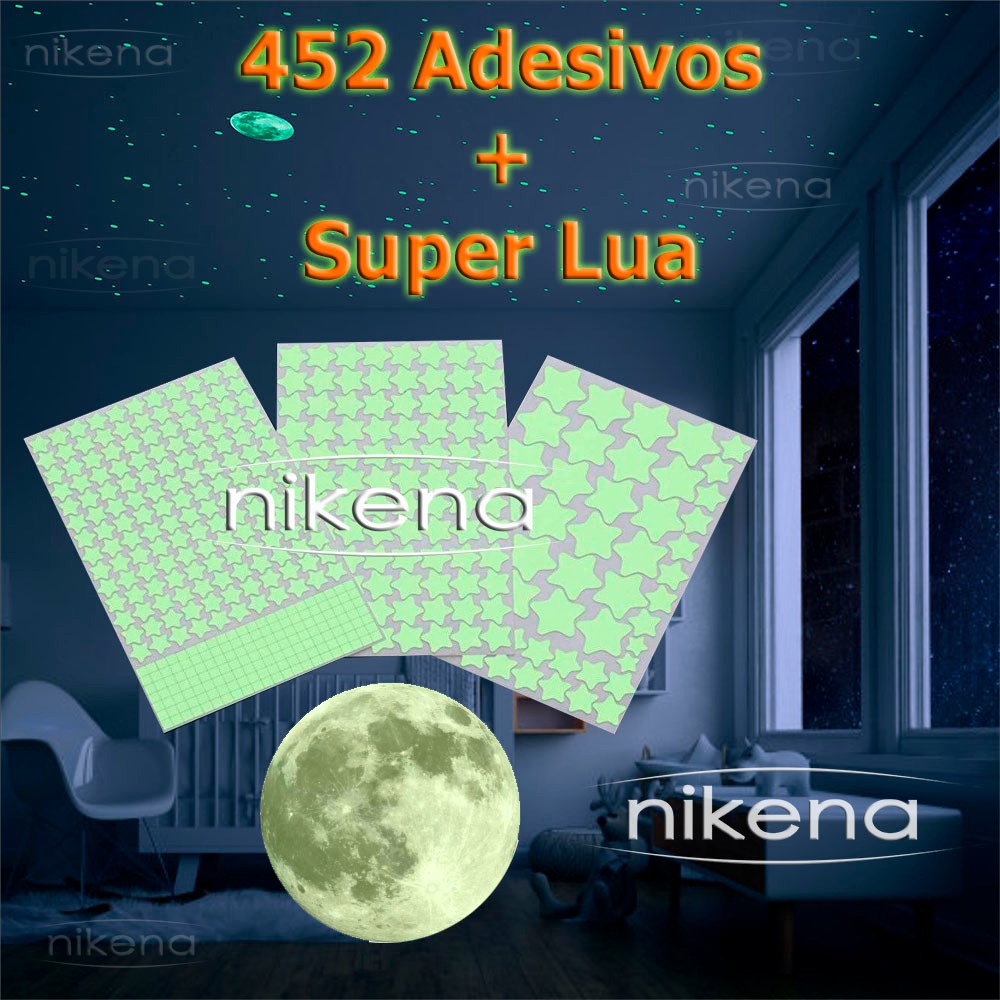 Kit 453 Adesivos - SUPER Lua 12 cm + 452 Estrelas com Quadradinhos - Adesivo Brilha no Escuro - Fluorescente Teto - Noite de Lua Estrelada - AD453120