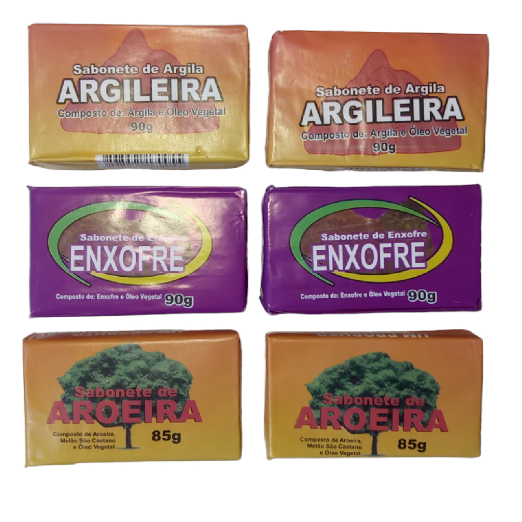 Kit 2 Sabonete Aroeira 2 Enxofre e 2 Sabonetes Argileira Com 90g Cada Para Micoses Limpeza Na Pele Profunda Acne Cicatrização