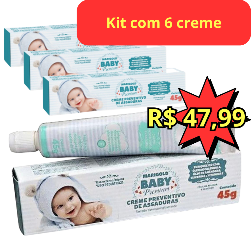 Kit com 6 Creme Pomada Preventivo de Assaduras Marigold Baby Premium 45G