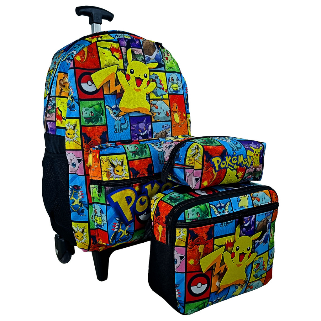 KIT MOCHILA ESCOLAR MENINO DE RODINHAS DO POKEMON / MOCHILA + LANCHEIRA + ESTOJO.