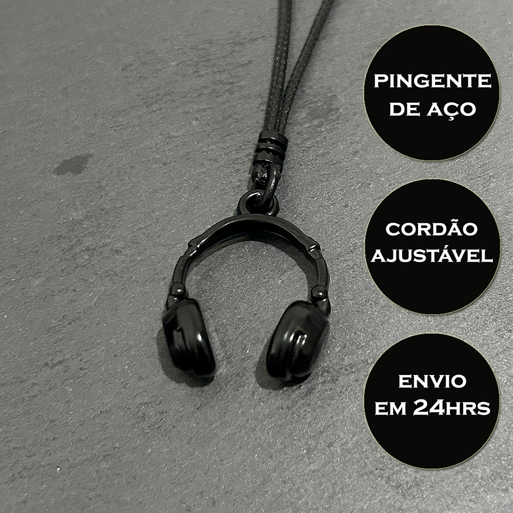 Colar Masculino Cordão Regulável Pingente Fone Headphone Preto