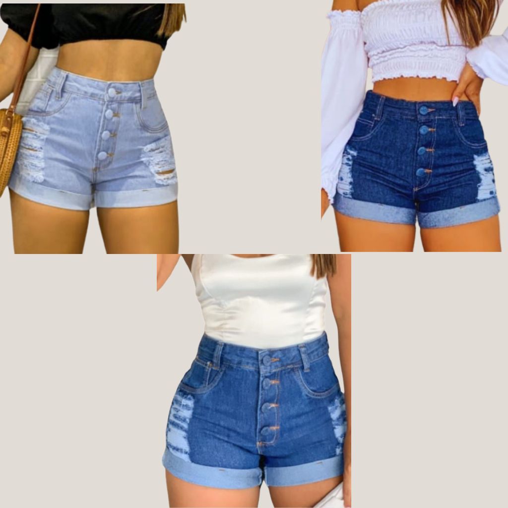 Kit 3 Shorts Jeans Feminino Cintura Alta Levanta Bumbum Jeans Rasgado Bermuda Hot Pants
