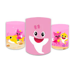 Kit Trio Capa De Cilindro Em Tecido Para Decoração Festa Tema Bby Shark Sublimado
