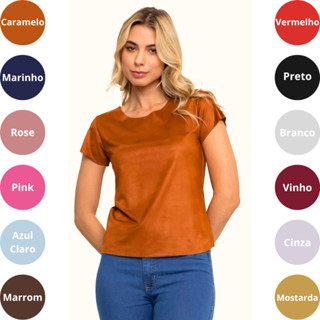 Camiseta SUEDE Blusa Feminina Manga Curta T-Shirt Veludo Camisa Básica Moda