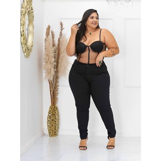 Calça Jeans Feminina Preta Plus Size Skinny Cintura Alta
