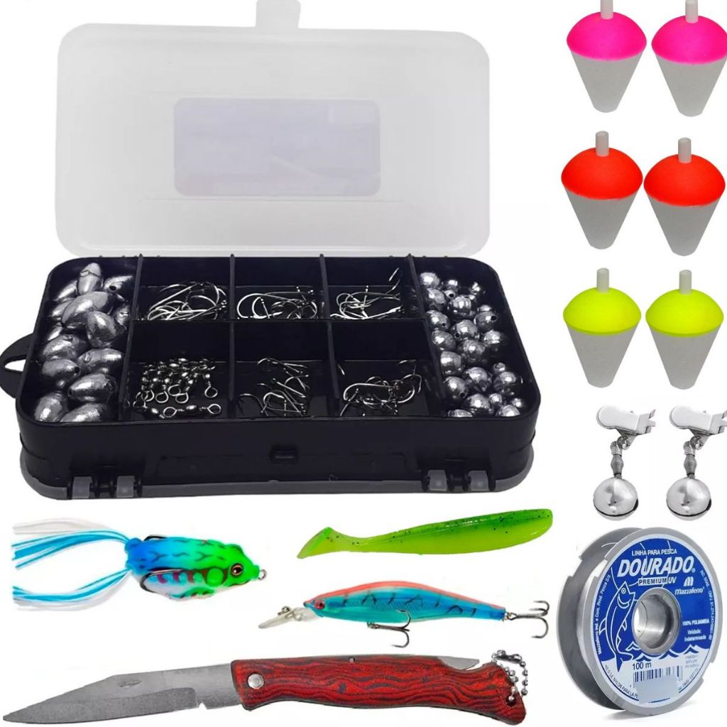 Kit De Pesca Esportiva Anzol Iscas Articiais Boias Giradores - Sports & Outdoors