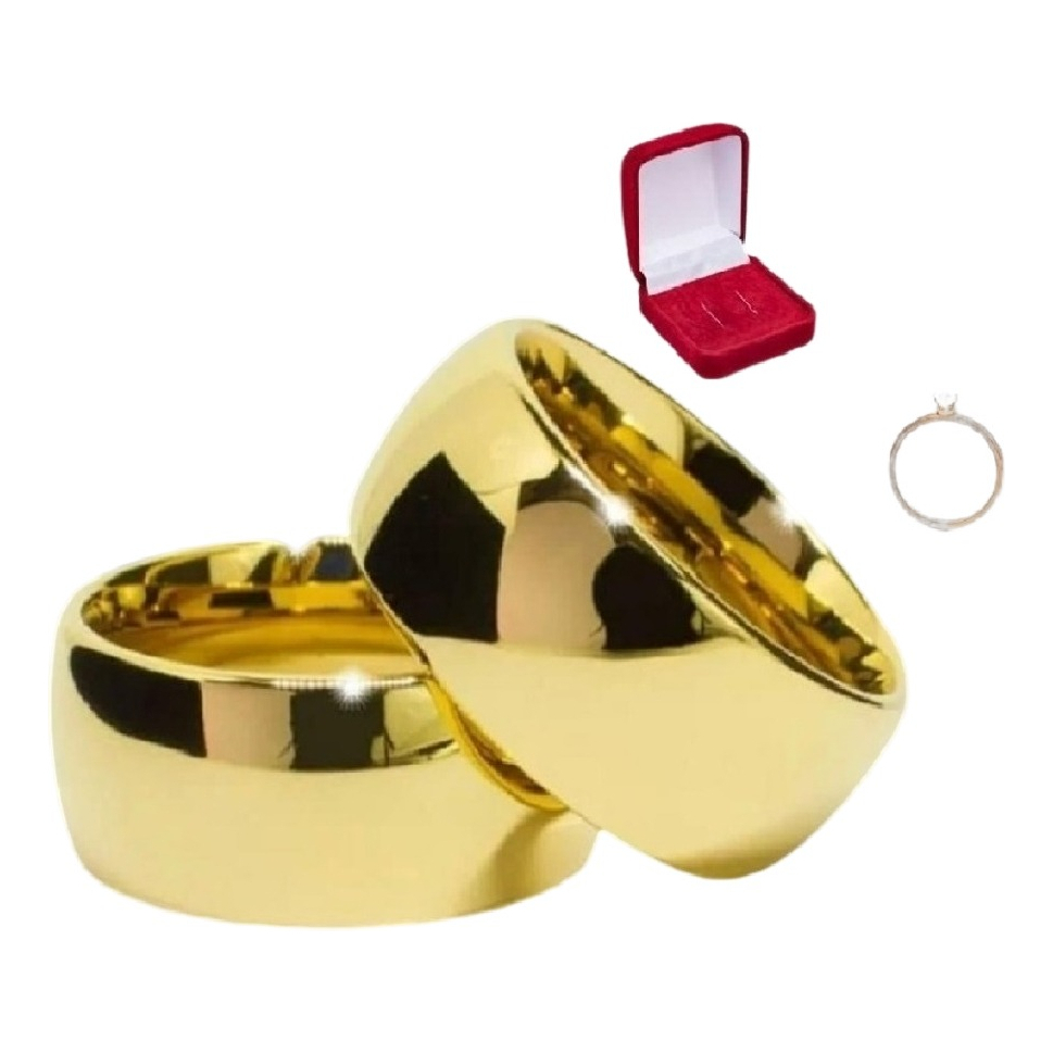Par De Aliança Moeda Antiga 8mm Folheada Banhada Ouro 18k Premium + Anel Solitário e Caixinha Veludo
