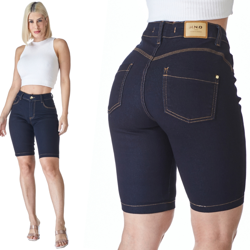 Bermuda Jeans HNO Jeans Ciclista Hot Pants Com Elastano Azul Escuro