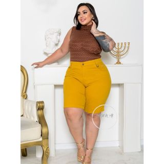 Bermuda Pedal color na cor amarelo mostarda - cintura alta, com elastano