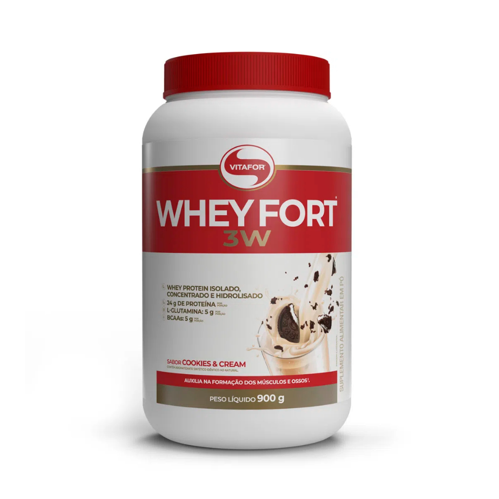 Whey Fort 3W Pote 900g Vitafor - Whey Protein 3W - 3 whey - Whey Protein Concentrado, Isolado e Hidrolisado