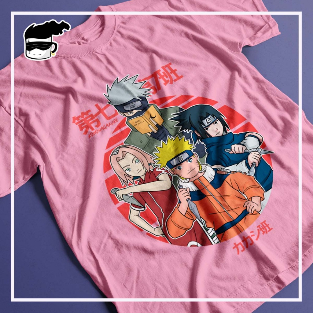 Camisa Naruto Unissex Anime Time 7 Kakashi Sasuke Sakura Rosa