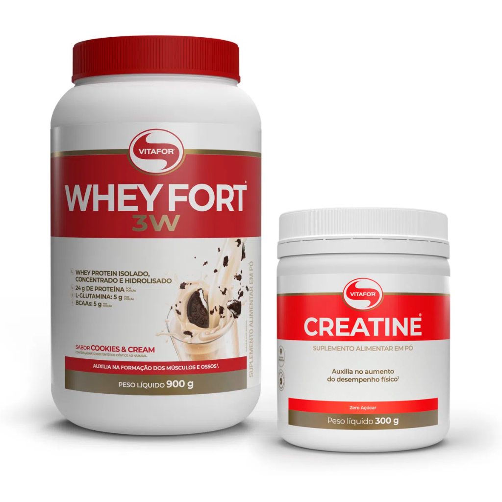 Whey Fort 3W Pote 900g Vitafor + Creatina Pura 300g Vitafor - Whey Protein 3W - 3 whey - Whey Protein Concentrado, Isolado e Hidrolisado