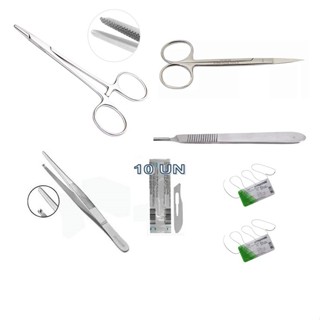 Kit Sutura Simples 6 Peças Aço Inoxidável P/ Estudante + Fio Nylon